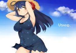 Rule 34 | 10s, 1girl, armpits, arms behind head, arms up, black hair, blush, bou (starless2323), breasts, brown eyes, character name, cleavage, cloud, covered navel, curvy, day, female focus, fusa (starless2323), gradient background, hat, kantai collection, large breasts, long hair, looking at viewer, one-piece swimsuit, polka dot, polka dot swimsuit, skirt, smile, solo, sun hat, swimsuit, ushio (kancolle)