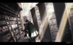 Rule 34 | 1boy, 1girl, black gloves, black scrunchie, book, bookshelf, brown hair, character request, cloak, fate (series), gloves, green cloak, hakoito, holding, holding book, indoors, ladder, letterboxed, library, light particles, light rays, long hair, open book, original, robin hood (fate), scrunchie, shelf, signature, skirt, smile, spiral staircase, stairs, standing, twintails