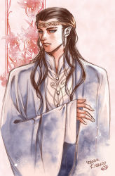 Rule 34 | 1boy, blue eyes, brown hair, closed mouth, crown, dated, elf, elrond, highres, kazuki-mendou, long sleeves, male focus, pointy ears, robe, signature, solo, the lord of the rings, tolkien&#039;s legendarium, tolkien's legendarium, upper body, wide sleeves