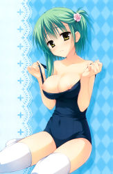 Rule 34 | 1girl, breasts, clothes pull, frown, green hair, hair ornament, hairpin, highres, large breasts, muririn, nipples, noble works, one-piece swimsuit, one-piece swimsuit pull, school swimsuit, sitting, solo, source request, swimsuit, thighhighs, tsukiyama sena, undressing, white thighhighs, yokozuwari