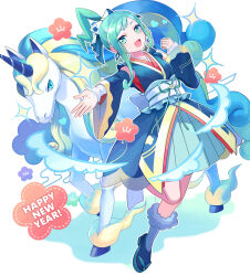 Rule 34 | 1girl, aqua eyes, aqua hair, blue footwear, clenched hand, creatures (company), detached sleeves, galarian form, galarian rapidash, game freak, gen 8 pokemon, happy new year, horns, lisia (new year&#039;s 2023) (pokemon), lisia (pokemon), looking at viewer, new year, nintendo, official alternate costume, open mouth, outstretched arm, pokemon, pokemon (creature), pokemon masters ex, sash, single horn, smile, sparkle, tsu (md tsune)