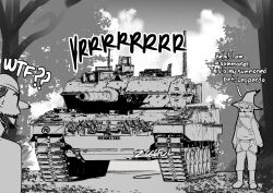 Rule 34 | 1boy, 1girl, absurdres, artist name, beard, boots, cannon, caterpillar tracks, commentary, english commentary, facial hair, greyscale, hat, high collar, highres, leopard 2, military vehicle, monochrome, motor vehicle, original, speech bubble, tank, vehicle focus, witch hat, z666ful
