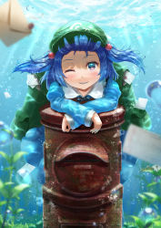 Rule 34 | 1girl, absurdres, air bubble, blue eyes, blue hair, blurry, blush, bubble, depth of field, grin, hair bobbles, hair ornament, hat, highres, kawashiro nitori, light rays, long sleeves, looking at viewer, luke (kyeftss), one eye closed, rust, short hair, skirt, smile, solo, teeth, touhou, two side up, underwater, water, water drop