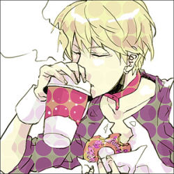 Rule 34 | 1boy, blonde hair, closed eyes, coffee, doughnut, food, galerians, lowres, male focus, rion (galerians), short hair, simple background, solo, tagme, white background