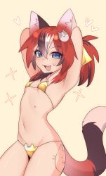 Rule 34 | 1girl, animal ears, armpits, arms behind head, bikini, blue eyes, body writing, breasts, brown hair, cat ear bikini, cat ears, cat girl, cat hair ornament, cat tail, commentary, cowboy shot, cross-shaped pupils, english commentary, fang, freckles, hair between eyes, hair ornament, heart, highres, ivy (nyaivie), looking at viewer, multicolored hair, navel, nervous smile, nyaivie, open mouth, original, red hair, short hair, simple background, small breasts, smile, solo, streaked hair, sweatdrop, swimsuit, symbol-shaped pupils, tail, teeth, upper teeth only, v-shaped eyebrows, white hair, yellow background, yellow bikini