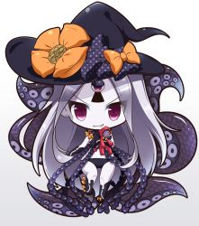 Rule 34 | 1girl, :d, abigail williams (fate), abigail williams (third ascension) (fate), bikini, bikini bottom only, black bikini, chibi, colored skin, commentary request, fate/grand order, fate (series), gradient background, hat, holding, long hair, looking at viewer, open mouth, purple eyes, shachoo., silver hair, simple background, smile, smirk, solo, stuffed toy, swimsuit, tentacles, v-shaped eyebrows, white skin, witch hat
