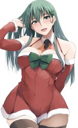 Rule 34 | 1girl, blush, breasts, brown thighhighs, cleavage, collarbone, commentary, cowboy shot, detached sleeves, green eyes, green hair, hair between eyes, highres, kantai collection, large breasts, long hair, looking at viewer, official alternate costume, santa costume, simple background, smile, solo, suzuya (kancolle), thighhighs, white background, zekkyon