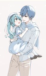 Rule 34 | 1boy, 1girl, aged down, aqua eyes, aqua hair, black footwear, blue dress, blue eyes, blue hair, blue nails, blue scarf, carrying against hip, child, dress, earrings, full body, hair between eyes, happy, hat, hatsune miku, highres, holding, jewelry, kaito (vocaloid), long hair, looking at another, looking at viewer, open mouth, scarf, sentea, short hair, sketch, smile, socks, standing, twintails, vocaloid, white background, white socks
