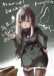 Rule 34 | 1girl, absurdres, alternate costume, black garter straps, black hair, black shirt, black skirt, black thighhighs, blue eyes, blunt bangs, blush, chalk, chalkboard, fang, garter straps, grey hair, hand on own hip, highres, holding, holding chalk, hololive, hololive dev is, juufuutei raden, looking at viewer, multicolored hair, open mouth, pparus, shirt, sidelocks, skin fang, skirt, smile, solo, streaked hair, thighhighs, virtual youtuber