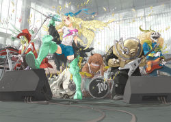 Rule 34 | amplifier, animal ears, arakawa (aintnoroom), blonde hair, boots, braid, rabbit ears, cable, chain, crystal, diving suit, drum, eyepatch, gloves, guitar, horns, instrument, keyboard (instrument), mask, microphone, music, original, playing instrument, red eyes, shirt, shorts, skull, t-shirt, twin braids