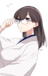 Rule 34 | 1girl, adjusting eyewear, alternate hairstyle, bespectacled, breasts, brown eyes, brown hair, glasses, hair between eyes, hair down, hand on eyewear, highres, japanese clothes, kaga (kancolle), kantai collection, kimura shiki, large breasts, looking at viewer, parted lips, simple background, solo, twitter username, upper body, white background