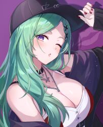 Rule 34 | 1girl, :o, arm at side, bare shoulders, baseball cap, black choker, black hat, black jacket, blush, braid, breasts, buttons, chain, chain necklace, choker, cleavage, from side, green hair, hair ornament, hand on headwear, hat, highres, jacket, jewelry, large breasts, long hair, looking at viewer, nail polish, necklace, off shoulder, one eye closed, open clothes, open jacket, open mouth, pendant, portrait, purple eyes, purple jacket, red nails, shirt, sleeveless, sleeveless shirt, sleeves past wrists, solo, straight hair, teeth, tokisaka makoto, two-sided fabric, two-sided jacket, virtual youtuber, vspo!, white shirt, x hair ornament, yakumo beni