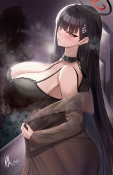 Rule 34 | 1girl, absurdres, alternate breast size, ass, black bra, black choker, black hair, blue archive, bra, breasts, choker, cleavage, cowboy shot, from side, hair ornament, hairclip, halo, highres, huge breasts, k 0art, long hair, looking at viewer, open mouth, red eyes, rio (blue archive), signature, solo, sweat, underwear