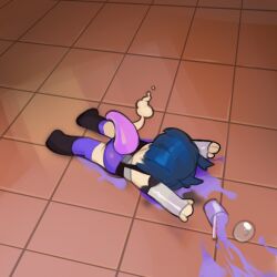 Rule 34 | 1girl, blue hair, chibi, commentary, cup, disposable cup, drinking straw, english commentary, full body, grimace shake (meme), highres, indie virtual youtuber, lying, mcdonald&#039;s, meme, on stomach, purple liquid, single thighhigh, solo, spill, tail, thernz, thighhighs, tile floor, tiles, vienna (vtuber), vienna (vtuber) (3rd costume), virtual youtuber