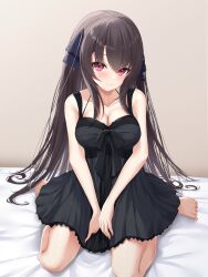 Rule 34 | 1girl, ao no kanata no four rhythm, bare arms, barefoot, between legs, black dress, black hair, black ribbon, blush, breasts, cleavage, closed mouth, collarbone, commentary request, commission, dress, eyelashes, eyes visible through hair, frilled dress, frilled ribbon, frills, hair between eyes, hair ribbon, hair spread out, halterneck, hand between legs, head tilt, highres, indoors, knees out of frame, large breasts, long hair, looking at viewer, ncontrail (mgax7527), on bed, pink eyes, ribbon, seductive smile, short dress, sidelocks, simple background, sitting, skeb commission, smile, solo, straight hair, tobisawa misaki, toenails, toes, upturned eyes, v arms, very long hair, wariza, yellow background