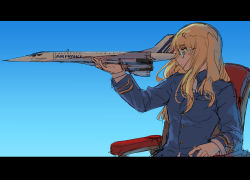 Rule 34 | 1girl, absurdres, aircraft, airplane, blonde hair, chair, concorde, flying, glasses, highres, letterboxed, long hair, perrine h. clostermann, pondo (peng-model), profile, sky, solo, strike witches, uniform, world witches series