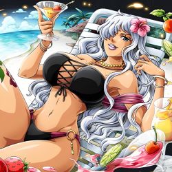 Rule 34 | 1girl, bikini, blue eyes, bracelet, breasts, charlotte smoothie, female focus, flower, flower on head, hair over one eye, highres, jewelry, juice, large breasts, lipstick, long hair, looking at viewer, makeup, navel, necklace, official art, one piece, one piece: treasure cruise, rose, solo, sweat, swimsuit, tattoo, underboob, white hair