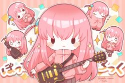 Rule 34 | 1girl, blanket, blush, bocchi the rock!, chibi, closed eyes, copyright name, cube hair ornament, flying sweatdrops, gotoh hitori, grey skirt, guitar, hair between eyes, hair ornament, highres, holding, instrument, instrument case, jacket, long hair, long sleeves, multiple views, nada namie, o o, one side up, open mouth, pink hair, pink jacket, pleated skirt, plectrum, signature, simple background, sitting, skirt, sleeping, sleeping upright, sparkle, standing, track jacket, twitter username, zzz