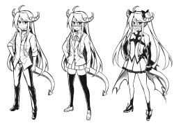 Rule 34 | 1boy, ahoge, bare shoulders, blush, commentary, crossdressing, demon tail, detached sleeves, english commentary, greyscale, hand on own hip, horns, long hair, long sleeves, looking at viewer, male focus, monochrome, multiple views, open mouth, original, peach88, pleated skirt, pointy ears, skirt, sleeves rolled up, tail, thighhighs, trap, twintails, very long hair, white background