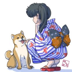 Rule 34 | 1girl, alternate costume, animal hands, animal print, black hair, butterfly print, dog, from behind, head rest, highres, japanese clothes, kimono, kunou kodachi, obi, obi bow, perched, ranma 1/2, sandals, sash, scratching, shiba inu, side ponytail, signature, simple background, solo, striped clothes, striped kimono, tongue, tongue out, wanta (futoshi), white background, yukata