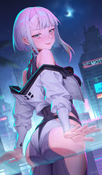 Rule 34 | 1girl, against glass, ass, ass focus, ass press, bare shoulders, blush, breasts, city, cyberpunk (series), cyberpunk edgerunners, from behind, from below, gradient hair, grey eyes, grey hair, hayate (leaf98k), highres, jacket, leotard, looking at viewer, lucy (cyberpunk), medium breasts, multicolored hair, rainbow hair, shiny clothes, shiny skin, short hair, short shorts, shorts, sitting, smile, solo