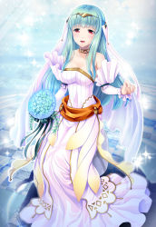 Rule 34 | 1girl, aqua hair, bare shoulders, bouquet, breasts, bridal gauntlets, bride, cleavage, dress, fire emblem, fire emblem: the blazing blade, fire emblem heroes, flower, hair ornament, highres, long hair, looking at viewer, medium breasts, ninian, nintendo, open mouth, red eyes, sash, smile, solo, sparkle, wedding dress, white dress, yuino (fancy party)