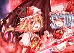 Rule 34 | 2girls, absurdres, ascot, blonde hair, blue hair, bow, brooch, fang, flandre scarlet, hat, hat bow, highres, jewelry, juunanaban, laevatein, looking at viewer, mob cap, moon, multiple girls, open mouth, own hands clasped, own hands together, pointy ears, puffy short sleeves, puffy sleeves, red ascot, red moon, remilia scarlet, sash, short hair, short sleeves, siblings, side ponytail, sisters, smile, spear the gungnir, touhou, wings, wrist cuffs