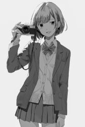 Rule 34 | 1girl, blazer, bob cut, bow, bowtie, camera, canon (company), cowboy shot, greyscale, hand up, highres, holding, holding camera, jacket, looking at viewer, miniskirt, monochrome, open mouth, original, pleated skirt, school uniform, shimkarom, short hair, simple background, skirt, smile, solo, standing, sweater vest