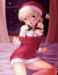 Rule 34 | 10s, 1girl, arm support, bad id, bad pixiv id, bare shoulders, bed, bell, blonde hair, blue eyes, blush, braid, breasts, christmas, cleavage, darjeeling (girls und panzer), detached sleeves, dress, gift, girls und panzer, hat, holding, jewelry, looking at viewer, necklace, nksk, open mouth, red dress, red skirt, santa costume, santa hat, short dress, short hair, sitting, skirt, smile, solo, strapless, strapless dress, window