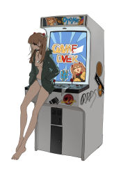 Rule 34 | 1girl, absurdres, arcade cabinet, barefoot, breasts, choker, cleavage, evangelion: 3.0+1.0 thrice upon a time, expressionless, eyepatch, hair ornament, hairclip, hairpods, hands in pockets, highres, hood, hoodie, interface headset, long hair, neon genesis evangelion, no bra, orange hair, panties, rebuild of evangelion, simple background, small breasts, solo, souryuu asuka langley, underwear, white background, zhibuji loom