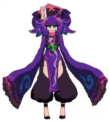 Rule 34 | 1girl, :&gt;, animated, big hair, black footwear, black pants, china dress, chinese clothes, closed mouth, dress, full body, green eyes, groin, hat, jewelry, jiangshi, long sleeves, looking at viewer, looping animation, magatama, magatama necklace, medium hair, multicolored clothes, multicolored hat, namako daibakuhatsu, necklace, ofuda, ofuda on clothes, original, pants, pixel art, puffy pants, purple dress, purple hair, simple background, sleeves past fingers, sleeves past wrists, solo, standing, tokin hat, video, white background, wide sleeves