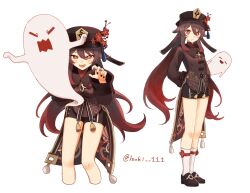 Rule 34 | 1girl, 39 iduki, black nails, black shorts, blush, boo tao (genshin impact), brown hair, chinese clothes, flower, flower-shaped pupils, full body, genshin impact, hat, hat ornament, highres, hu tao (genshin impact), jewelry, long hair, long sleeves, looking at viewer, open mouth, plum blossoms, porkpie hat, red eyes, red shirt, ring, shirt, shorts, sidelocks, simple background, symbol-shaped pupils, thighs, twintails, white background