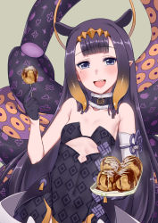 Rule 34 | 1girl, bare shoulders, blush, breasts, darkmaya, detached sleeves, dress, food, green background, headpiece, hololive, hololive english, long hair, looking at viewer, mole, mole under eye, monster girl, ninomae ina&#039;nis, ninomae ina&#039;nis (1st costume), open mouth, pointy ears, purple eyes, purple hair, sidelocks, simple background, single detached sleeve, small breasts, smile, solo, strapless, strapless dress, takoyaki, tentacles, virtual youtuber