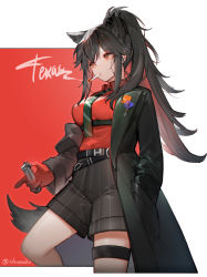 Rule 34 | 1girl, absurdres, animal ears, arknights, belt, black belt, black coat, black hair, black necktie, black shorts, breasts, character name, cigarette, coat, collared shirt, commentary, cowboy shot, cropped legs, dress shirt, ear piercing, extra ears, gloves, hand in pocket, highres, holding, long hair, looking to the side, medium breasts, mouth hold, nahonanaho, necktie, official alternate costume, open clothes, open coat, piercing, ponytail, red background, red eyes, red gloves, red shirt, shirt, shorts, sidelocks, simple background, smoking, solo, tail, texas (arknights), texas (willpower) (arknights), thigh strap, two-tone background, white background, wolf ears, wolf girl, wolf tail