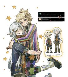 Rule 34 | 1boy, 1girl, :p, arm tattoo, bags under eyes, blonde hair, carrying, carrying person, casual, chibi, chibi inset, child carry, contemporary, crocs, dungeon meshi, elf, fleki, green eyes, grey hair, grin, hair around ear, hair ornament, hair tubes, highres, jacket, lifting person, long hair, loose socks, low twintails, lycion, multicolored clothes, notched ear, nova 1810, pants, pointy ears, ponytail, purple eyes, shirt, smile, socks, star (symbol), star print, striped clothes, tattoo, tongue, tongue out, twintails, white background