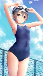 Rule 34 | 1girl, :o, absurdres, armpits, arms up, bare arms, black eyes, blue one-piece swimsuit, blue sky, blush, breasts, brown hair, cloud, collarbone, fence, goggles, goggles on headwear, hair between eyes, highres, idolmaster, idolmaster cinderella girls, looking at viewer, masuku (saint mask), navel piercing, one-piece swimsuit, open mouth, otokura yuuki, outdoors, piercing, school swimsuit, sidelocks, sky, small breasts, solo, swim cap, swimsuit, wet, wet clothes, wet hair, wet swimsuit, white headwear