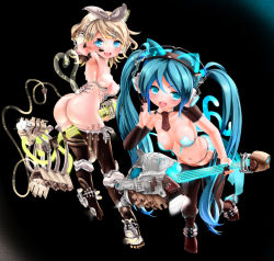 Rule 34 | 2girls, animal ears, aqua eyes, aqua hair, ass, bad id, bad pixiv id, bikini, bikini top only, blonde hair, cat ears, cat tail, electric guitar, fang, front-tie top, guitar, hair ornament, hair ribbon, hairclip, hatsune miku, headphones, instrument, jixing renou, kagamine rin, long hair, multiple girls, multiple tails, open mouth, revealing clothes, ribbon, see-through, short hair, showgirl skirt, swimsuit, tail, thighhighs, twintails, untied, very long hair, vocaloid