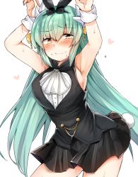 Rule 34 | 1girl, armpits, black skirt, blush, breasts, eyebrows, fate/grand order, fate (series), green hair, hair ornament, hairband, heart, jirou (tamaho39), kiyohime (fate), large breasts, long hair, md5 mismatch, simple background, skirt, smile, solo, sweat, white background, yellow eyes