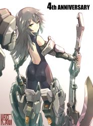 Rule 34 | 1girl, absurdres, alice gear aegis, anniversary, ass, axe, back cutout, black bodysuit, bodysuit, clothing cutout, elbow gloves, from behind, gloves, grey hair, highres, holding, holding axe, ishiyumi, looking at viewer, looking back, mecha musume, metal gloves, shinonome chie, sleeveless, sleeveless bodysuit, smile, solo, yellow eyes