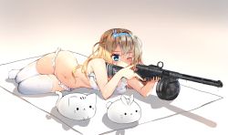 Rule 34 | 1girl, ;t, absurdres, aiming, animal, bikini, blue eyes, blue hairband, blush, breasts, cat, closed mouth, commentary, frilled bikini, frills, girls&#039; frontline, gun, hair between eyes, hairband, highres, holding, holding gun, holding weapon, light brown hair, long hair, lying, medium breasts, name connection, navel, object namesake, official alternate costume, on side, one eye closed, pout, rabbit, solo, submachine gun, suomi (girls&#039; frontline), suomi (midsummer pixie) (girls&#039; frontline), suomi kp/-31, swimsuit, tandohark, thighhighs, weapon, wet, wet hair, white bikini, white thighhighs
