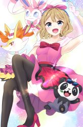 Rule 34 | 1girl, :d, absurdres, animal ear fluff, beads, blonde hair, blue eyes, blush, bow, braixen, collarbone, commentary request, creatures (company), dress, eyelashes, game freak, gen 6 pokemon, gloves, high heels, highres, looking at viewer, medium hair, nintendo, open mouth, pancham, pantyhose, pink gloves, pokemon, pokemon (anime), pokemon (creature), pokemon xy (anime), red bow, serena (pokemon), smile, sparkle, stigma1101, sylveon, thighhighs, tongue