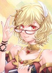 Rule 34 | 1girl, blonde hair, book, brown dress, citrinne (fire emblem), commentary request, dress, earrings, ebi puri (ebi-ebi), feathers, fire emblem, fire emblem engage, glasses, gold choker, gold trim, holding, holding book, hoop earrings, jewelry, leather wrist straps, mismatched earrings, nintendo, red eyes, solo, wing hair ornament