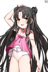 Rule 34 | 1girl, absurdres, arm up, black hair, brown eyes, cameltoe, camisole, double bun, facial mark, fate/grand order, fate (series), forehead mark, gaishi yuu, hair bun, hand on own head, highres, long hair, one-piece swimsuit, open mouth, pink camisole, sessyoin kiara, sessyoin kiara (lily), simple background, smile, solo, swimsuit, thighs, very long hair, white background, white one-piece swimsuit