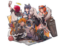 Rule 34 | 1boy, 5girls, :d, absurdres, animal, animal ears, arknights, bird, black dress, black footwear, black hair, black jacket, black shorts, black sleeves, black tank top, boots, cat, cat ears, cat girl, cat tail, commentary, cow horns, croissant (arknights), dress, ear piercing, english commentary, exusiai (arknights), eyewear on head, fang, full body, green eyes, grey eyes, grey hair, halo, highres, holding, holding paper, hood, hood down, horns, jacket, jumbowhopper, lappland (arknights), long hair, mousse (arknights), multicolored hair, multiple girls, multiple tails, no wings, off shoulder, open clothes, open jacket, open mouth, orange hair, paper, penguin, piercing, red hair, selfie, shield, short hair, shorts, sideways mouth, simple background, smile, squatting, standing, streaked hair, sunglasses, tail, tank top, texas (arknights), emperor (arknights), v, visor, white background, white hair, white headwear, white jacket, wolf ears, wolf girl, wolf tail, writing, yarn, yarn ball