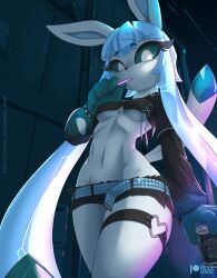 Rule 34 | 1girl, blue hair, blue sclera, bracelet, breasts, can, colored sclera, creatures (company), drink can, eyebrows, eyelashes, female focus, furry, furry female, game freak, gen 4 pokemon, glaceon, holding, jewelry, legs, long hair, medium breasts, nintendo, pokemon, pokemon (creature), rilex lenov, sidelocks, soda can, solo, spiked bracelet, spikes, standing, walking, white eyes