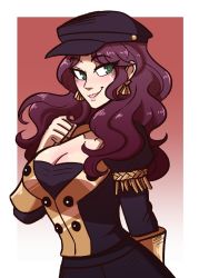 Rule 34 | 1girl, absurdres, blush, breasts, choker, cleavage, dorothea arnault, earrings, fire emblem, fire emblem: three houses, green eyes, hat, highres, jewelry, large breasts, long hair, looking at viewer, medium breasts, nintendo, purple hair, scruffyturtles, simple background, smile, solo, solo focus, uniform, upper body