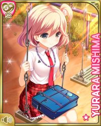Rule 34 | 1girl, bag, beads, blonde hair, bracelet, card (medium), day, girlfriend (kari), grey eyes, jewelry, lonely, looking to the side, mishima yurara, necklace, necktie, official art, on lap, outdoors, plaid, plaid skirt, playground, qp:flapper, red skirt, short hair, shy, side ponytail, sitting, skirt, solo, sunset, tagme