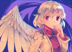 Rule 34 | 1girl, brown jacket, closed mouth, collared dress, dress, feathered wings, grey hair, hair between eyes, itomugi-kun, jacket, kishin sagume, long sleeves, looking at viewer, open clothes, open jacket, purple dress, red eyes, short hair, single wing, solo, touhou, upper body, white wings, wings