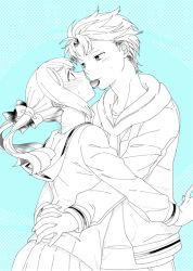 Rule 34 | 1boy, 1girl, aqua background, arms around waist, black ribbon, blush, candy, chocolate, chocolate heart, couple, cowboy shot, food, food in mouth, hair between eyes, hair ribbon, heart, hood, hood down, hoodie, ikuhashi muiko, koujiro frau, long hair, long sleeves, looking at another, monochrome, own hands clasped, own hands together, pleated skirt, ribbon, robotics;notes, sailor collar, school uniform, short hair, skirt, spot color, sweatdrop, twintails, white ribbon, yashio kaito