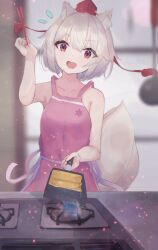 Rule 34 | 1girl, :d, animal ear fluff, animal ears, apron, arm up, blurry, blurry background, chopsticks, cooking, fire, food, highres, holding, holding chopsticks, holding pan, indoors, inubashiri momiji, matcha yado, naked apron, open mouth, pancake, pink apron, pom pom (clothes), red eyes, short hair, smile, solo, stove, tail, touhou, upper body, white hair, wolf ears, wolf girl, wolf tail